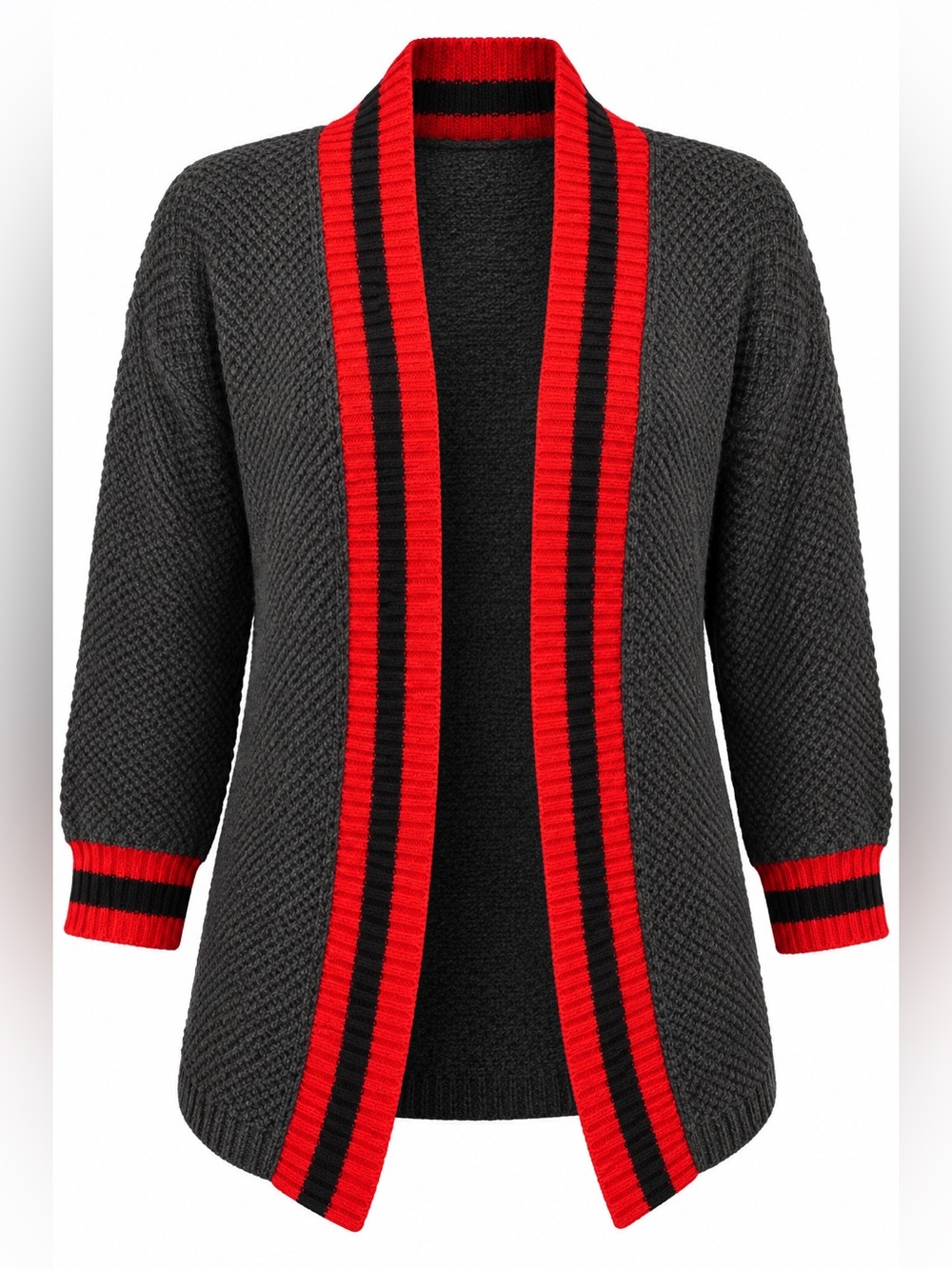 Hyba Charcoal Open Front Knit Cardigan Red Black Trim Size TP/XS